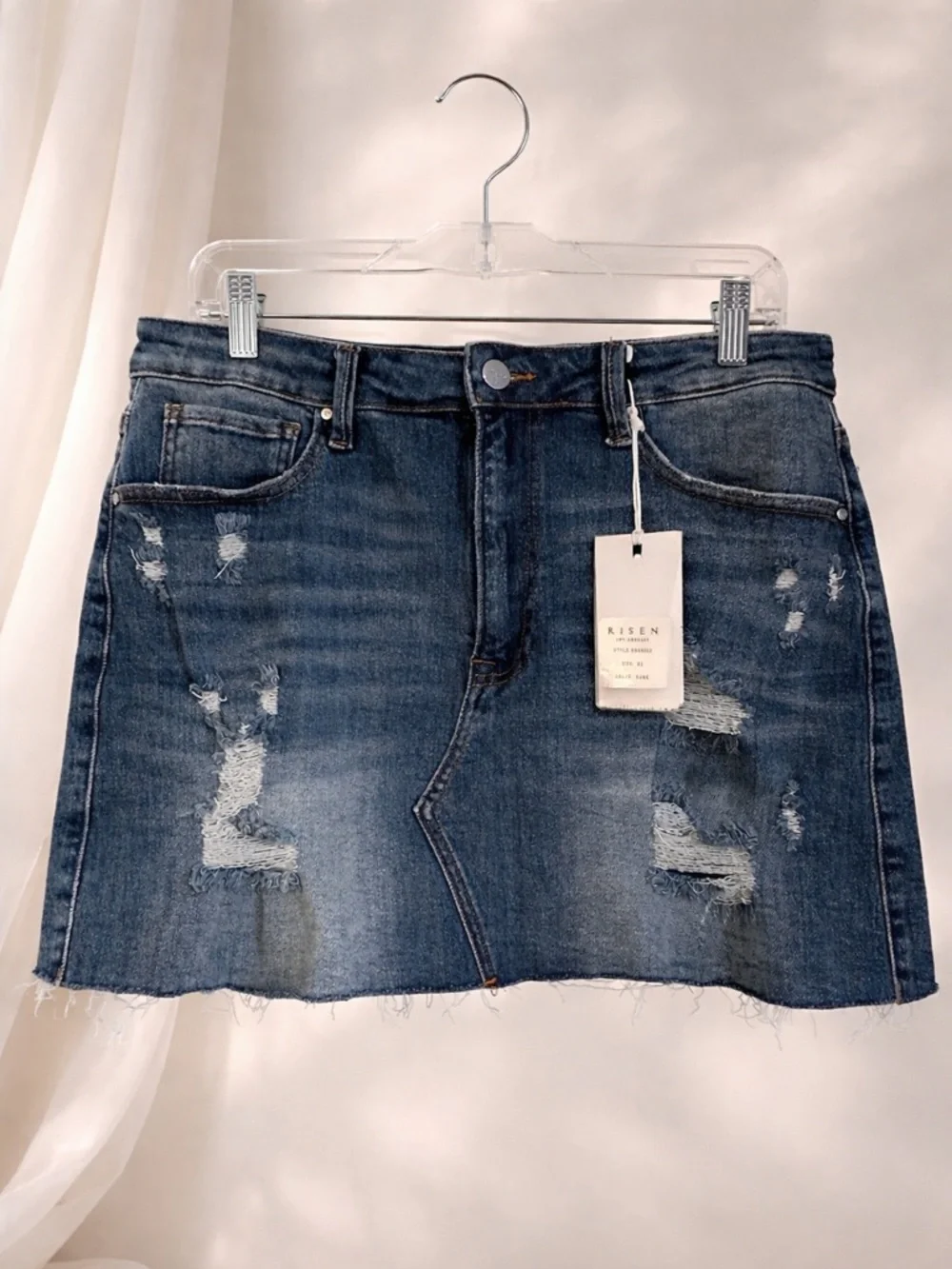 RISEN Distressed Denim Mini Skirt| Raw Hem Mid-Rise|‎ Size: XL